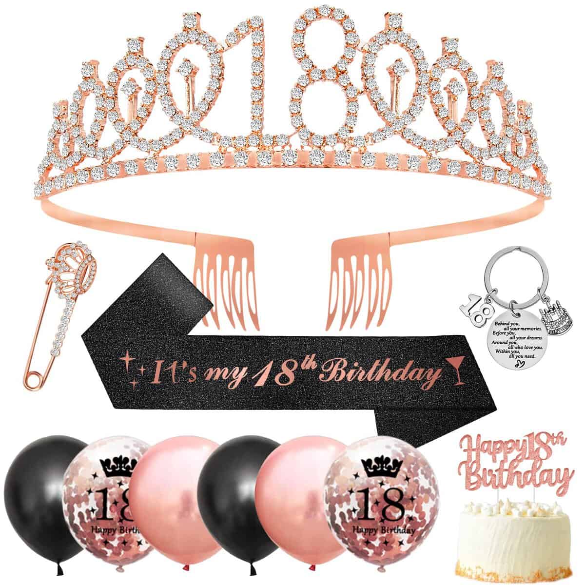 18 Cumpleaños Corona Banda,Decoracion 18 Años Cumpleaños Chica,Oro Rosa Corona 18 anni Banda Cumpleaños Globos 18 Años Primero de la torta Regalos para 18 Cumpleaños Niña Decoracion 18 Cumpleaños