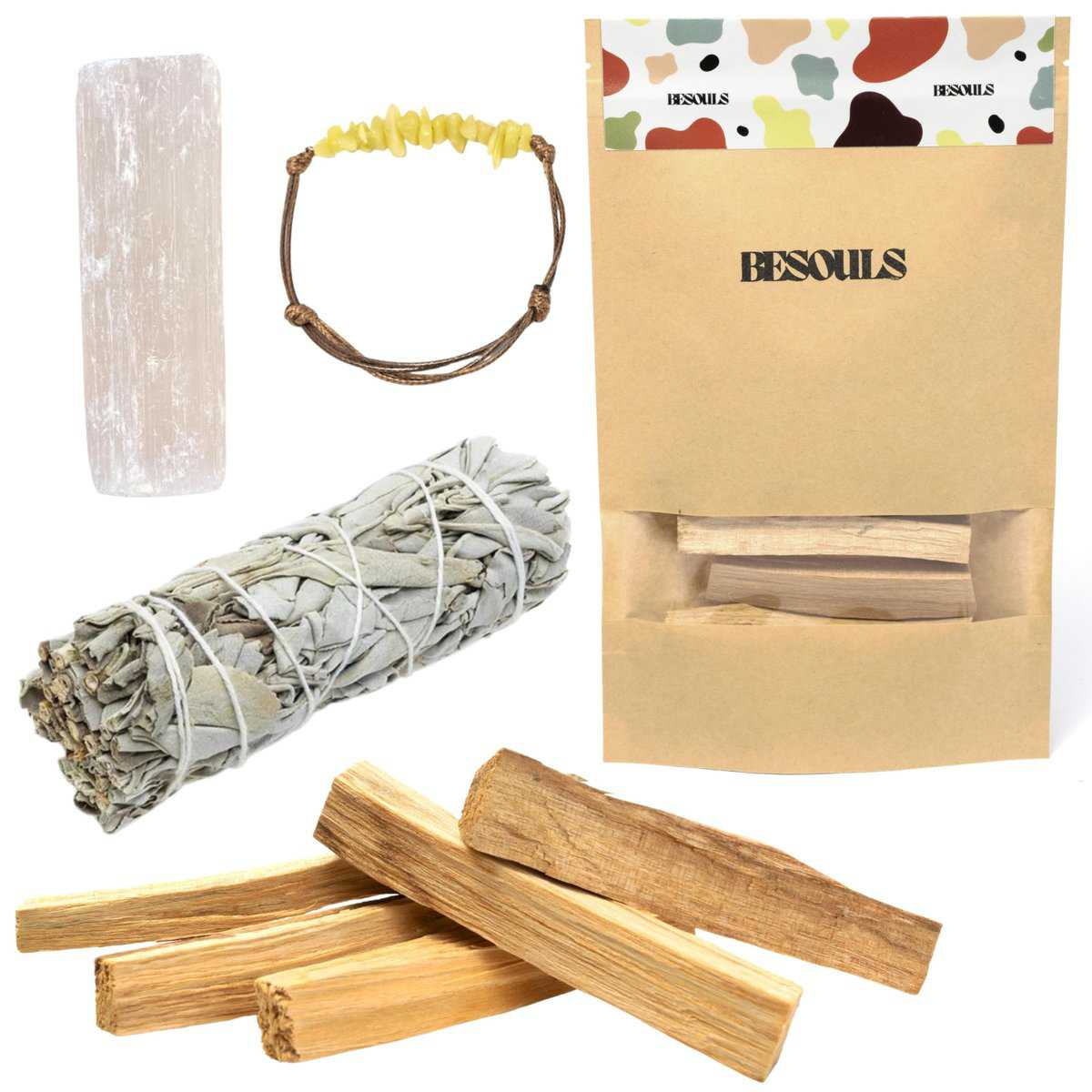 Regalos Originales: Kit Limpieza energetica 4-6 Palo Santo Premium + 1 Salvia Blanca + Pulsera Regalo + Selenita + QR Contenido Digital | Palo Santo para Quemar Natural | Experiencia