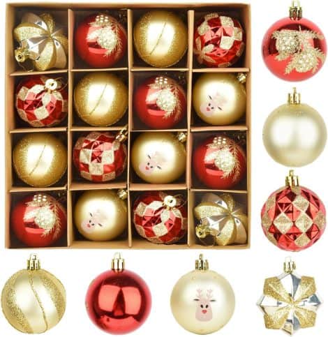 Pack de 16 Bolas Navideñas grandes para decorar árboles con ganchos, ideal para bodas y cumpleaños.