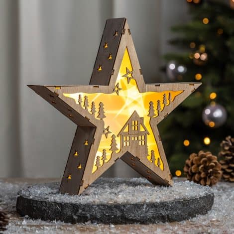 Estrella de Navidad LED de madera Spetebo, 30 cm, diseño casa, luz blanca cálida, iluminación pilas.