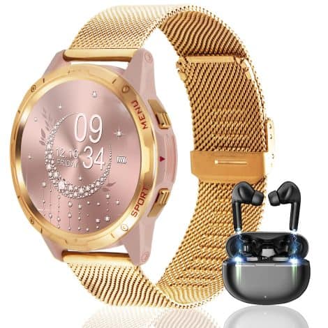 Kaloopp Smartwatch Mujer, reloj y auriculares inalámbricos deportivos/Impermeable, con pulsómetro y notificaciones Android/iOS (Oro-Rosa)