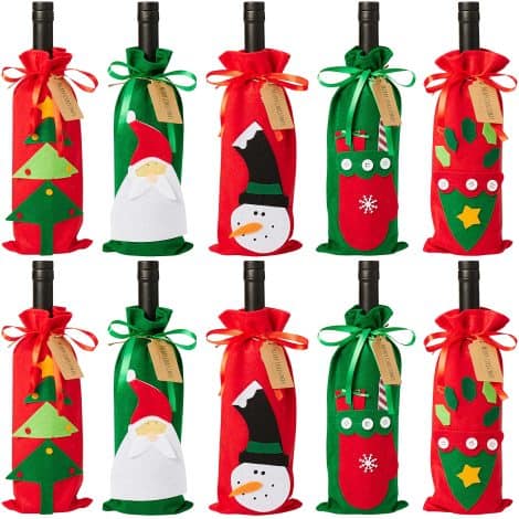 Pack 10 Bolsas Navideñas para Regalar Vino con Cordón, Etiquetas de Regalo y Decoraciones Reutilizables. 5 Diseños Diferentes.