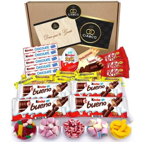 Pack de regalo con más de 25 chocolates Kinder, 450 gramos de chucherías sin gluten, tarjeta personalizada y golosinas variadas.