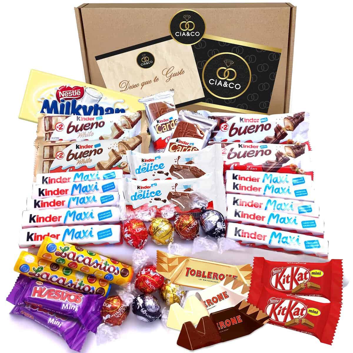 Lote envuelto para Regalo con +35 Bombones y Chocolates Kinder, Lindt, Milkibar. Con Tarjeta Dedicada Personalizada y Kinder Bueno, Toblerone, Kit Kat y Bombones Lindt Lindor