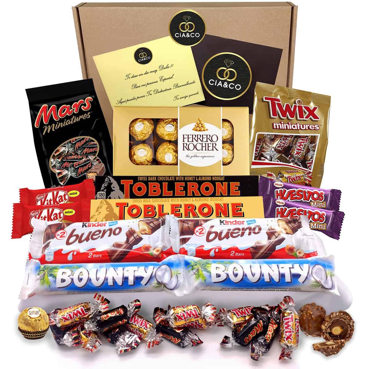 Lote envuelto Regalo Original, con +20 Bombones y Chocolates Ferrero Rocher, Toblerone, Kinder Bueno, Bounty Coco, Mars, Twix y Barritas Kit Kat y Huesitos. Para personas Exigentes