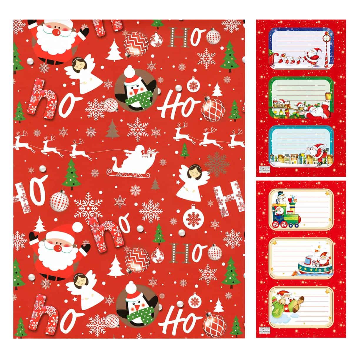 ARKRAFT 5 hojas de papel de regalo XXL 100 x 70 cm + 6 pegatinas de etiqueta de nombre por Navida HO HO HO (18-9058)