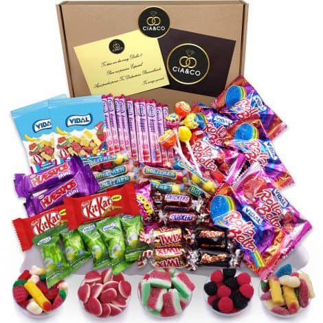 Caja de Regalo +45 variedades de dulces sin gluten, tarjeta personalizada y surtido de golosinas.