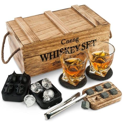 Set de whisky Cneng con 2 vasos de cristal, 6 piedras y caja de madera. Ideal para cumpleaños, bodas, aniversarios y regalos para él y papá.