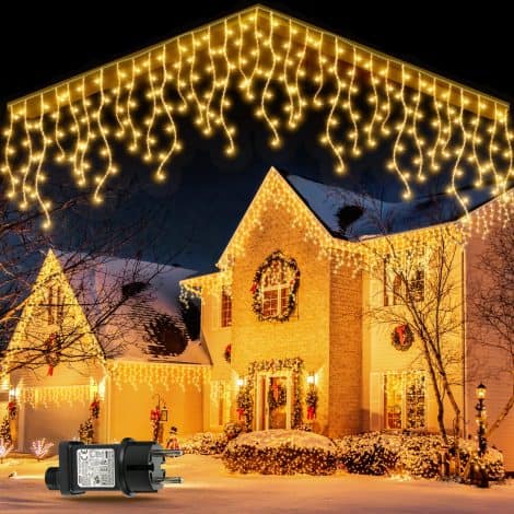 GYLEFY Luces de Navidad Exteriores 10M 400 LEDs Cascada de Luces Prolongable para Decoración Navideña  Blanco Cálido.