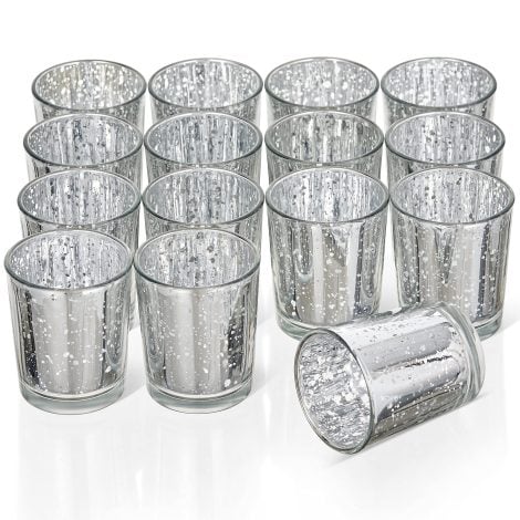 Conjunto de 15 portavelas de té Moteados en Plata de alta calidad, perfectos para decorar tu hogar, mesa o cocina durante la Navidad.