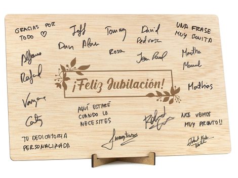 Tarjeta regalo CONTRAXT: Libro de firmas de madera, original para una feliz jubilación, para hombre o mujer.