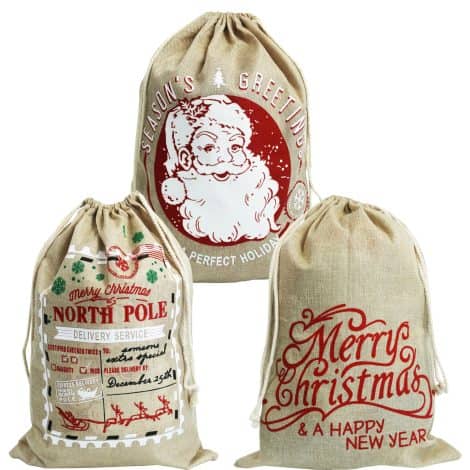 Pack de 3 sacos navideños de Papá Noel. Gran saco navideño. Bolsas de regalo con cordón.