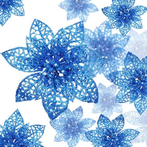 24 Piezas Adorno de Navidad con Flores Brillantes y Glitter Poinsettia, para decorar el árbol (Azul)