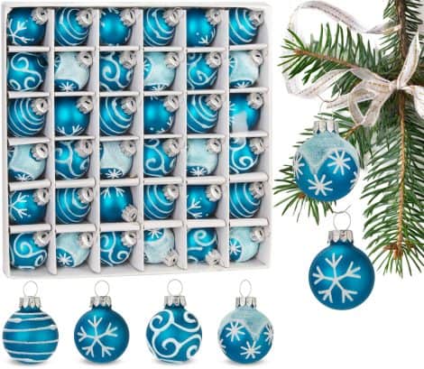 Conjunto de 36 Bolas de Navidad de 3 cm, decoradas a mano, para árboles navideños, color azul.