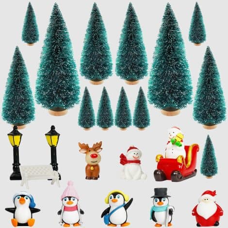 Conjunto de 24 Mini Figuras Navideñas – Adornos para Árboles de Navidad, Manualidades y Jardín de Hadas – Incluye Papá Noel, Muñeco de Nieve, Pingüinos y Árboles.