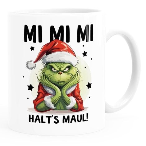 MoonWorks® Grinch – Taza navideña con texto alemán “Ironie Sarcasmo”, divertido regalo navideño para gruñones, 1 blanco estándar.