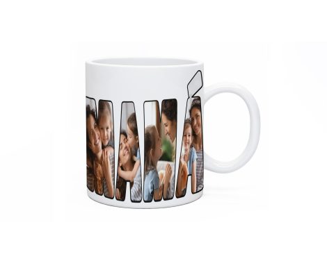 Taza blanca de cerámica con asa 33cl “Mamá” personalizada con diseño collage de letras y fotos, regalo original para el Día de la Madre, apta para microondas y lavavajillas.