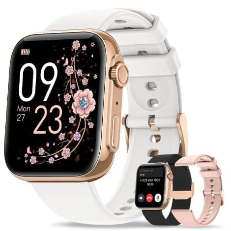 AIMIUVEI Smartwatch para mujer con llamadas, 1.85″ HD, 3 correas, 120+ modos deportivos, función femenina, pulsómetro, SpO2, sueño, IP68, podómetro. Ideal para Android iOS. Blanco y oro. Regalo perfecto.