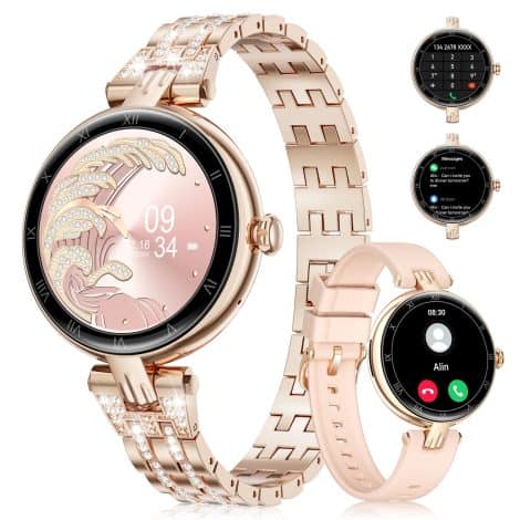 Reloj inteligente ESFOE para mujer con llamadas, pantalla AMOLED de 1.16″, 2 correas, 116+ modos deportivos, SpO2/pulsómetro/monitor de sueño, resistente al agua IP67. Compatible con Android e iOS.