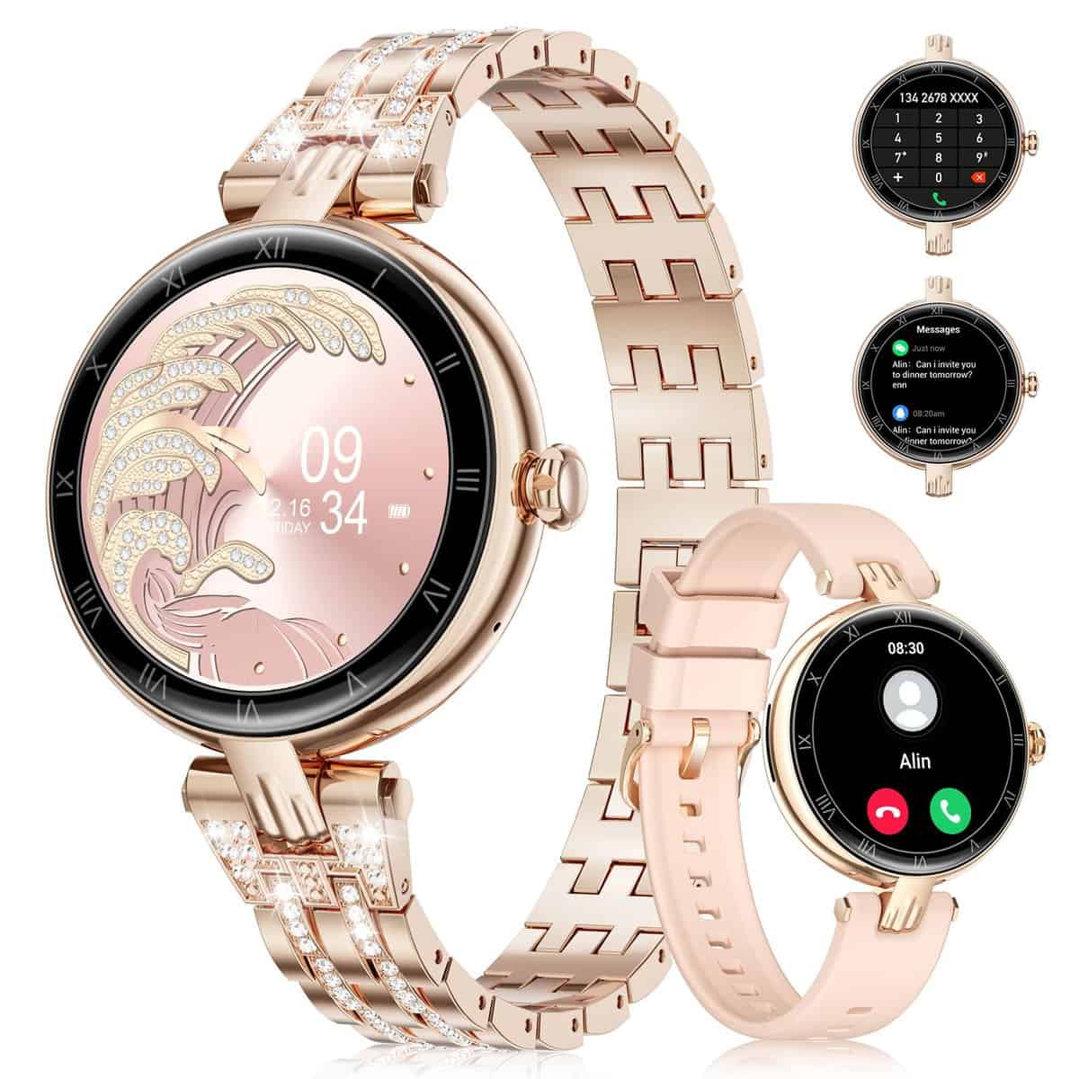 ESFOE Reloj Inteligente Mujer con Llamadas, 1.16" AMOLED Smartwatch 2 Correas 116+ Modos Deportivos con SpO2/Pulsómetro/Monitor de Sueño, Impermeable IP67 Pulsera Actividad para Android iOS