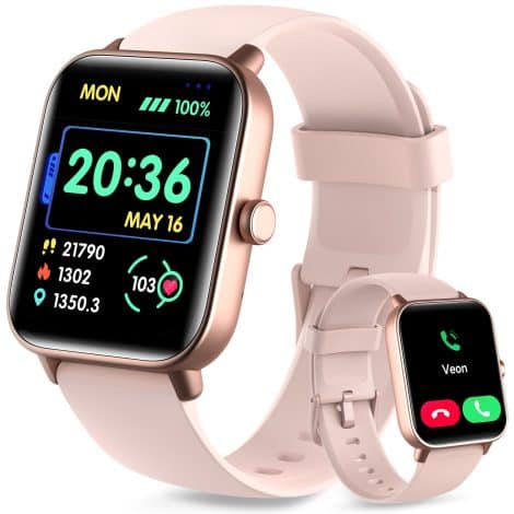 Reloj Inteligente Mujer Quican, con Llamadas y Voz de Alexa, Notificaciones, 1.8″ Impermeable IP68, Podómetro, Sueño, Frecuencia Cardíaca SPO2 iOS Android.