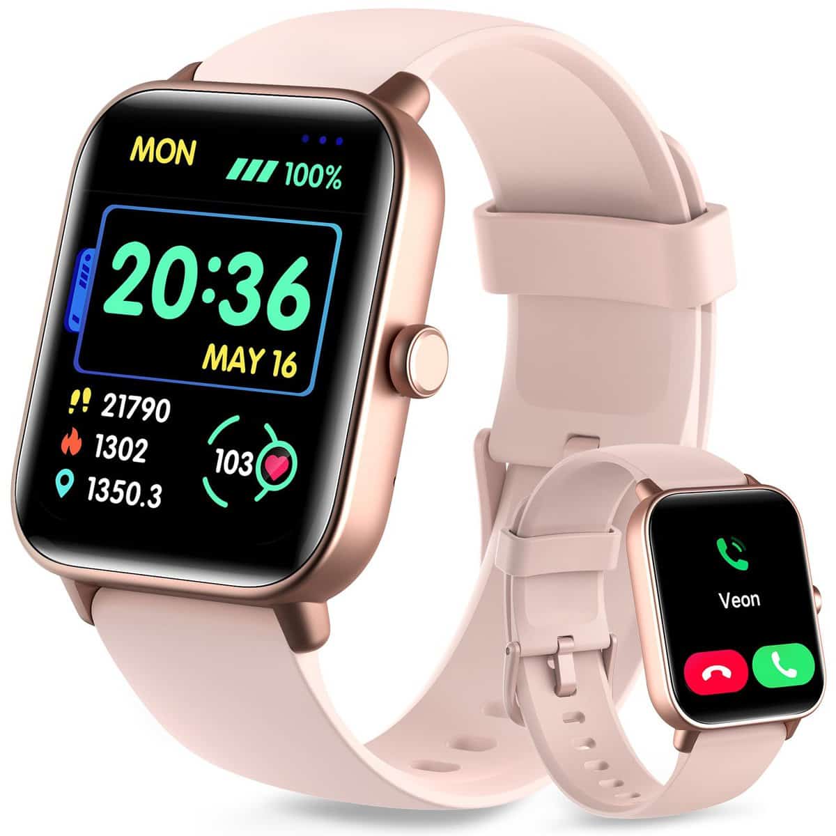 Quican Reloj Inteligente Mujer, Smartwatch con Llamadas y Voz de Alexa, Notificacion, 1.8" Reloj Deportivo Impermeable IP68, Podómetro, Monitor de Sueño Frecuencia Cardíaca SPO2 para iOS Android