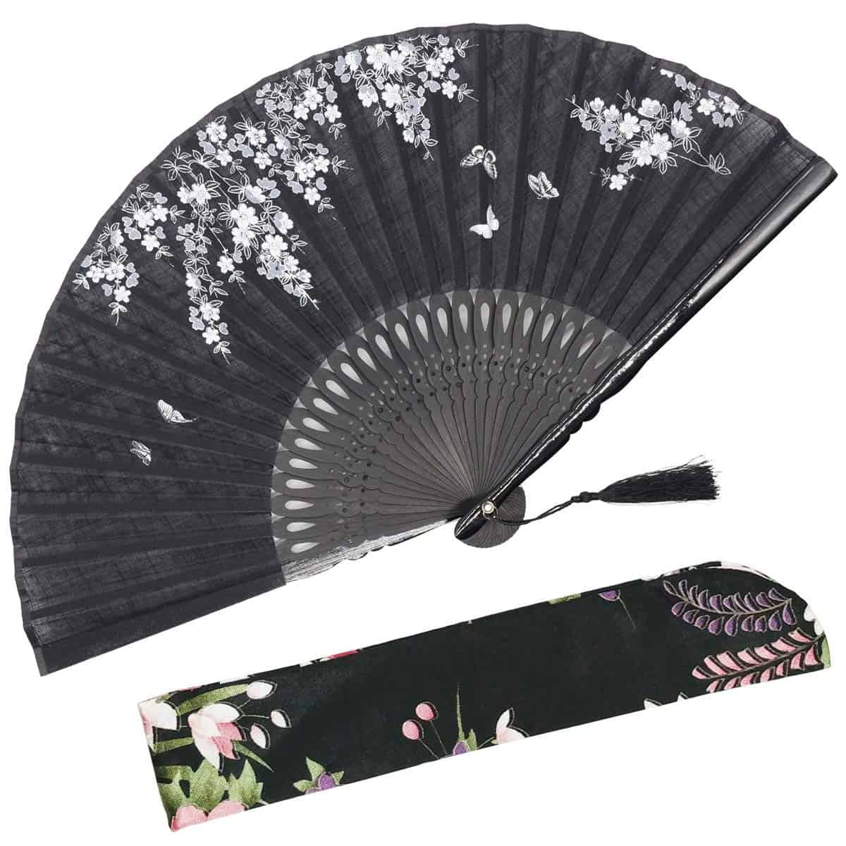 OMytea "Sakura Love" abanico plegable de mano para mujer, con una funda de tela para protección, estilo chino/japonés vintage y retro, para boda, baile, Iglesia, fiesta, regalos, bambú, negro