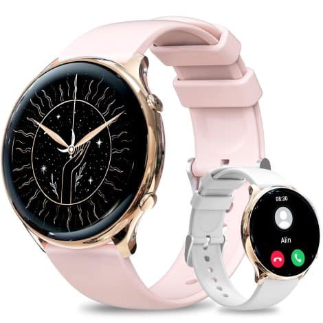 Smartwatch Fitonus para mujer con llamada Bluetooth, pantalla siempre encendida, resistente al agua, monitor de sueño, SpO2, podómetro y pulsómetro. Compatible con iOS y Android. Color oro.