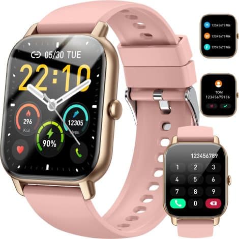 Smartwatch para mujeres Nerunsa, con pantalla de 1.85 pulgadas, llamadas Bluetooth y funciones de salud, compatible con Android y iOS, color oro rosa.