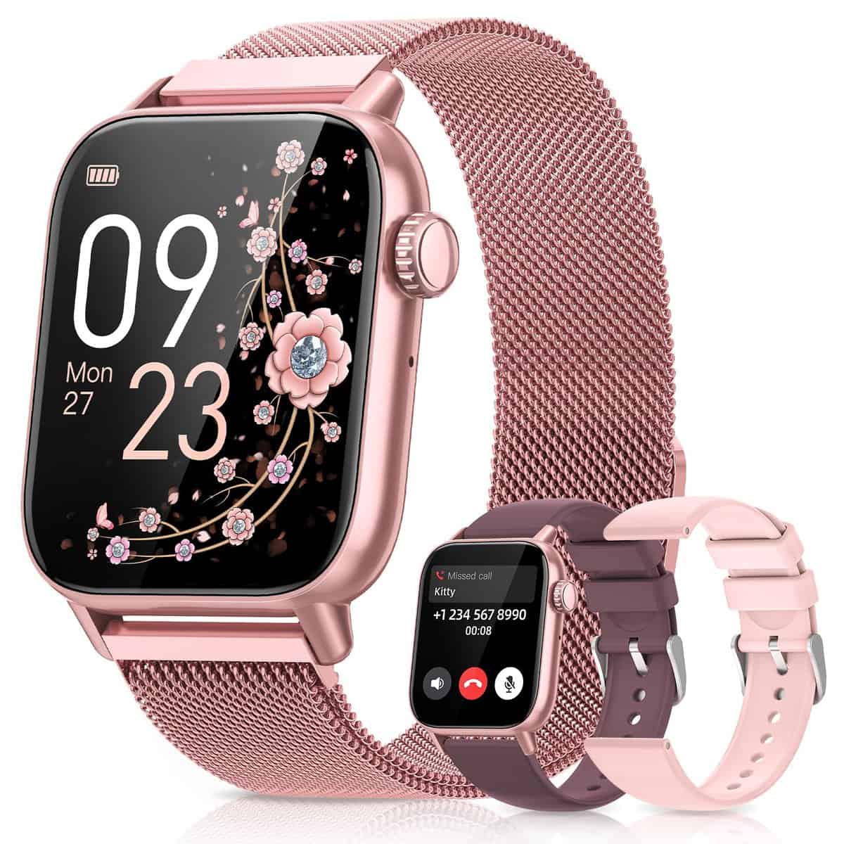 BANLVS Reloj Inteligente Mujer con Llamadas, 1.85" Smartwatch 3 Correas 110+ Modos Deportivos con SpO2/Pulsómetro/Monitor de Sueño, Impermeable IP68 Pulsera Actividad para Android iOS, Rosa Coral