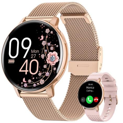 Reloj inteligente para mujer con llamadas por Bluetooth, con seguimiento menstrual, deportes, pulsómetro, SpO2, Sueño, WhatsApp, IP68, compatible con Android e iOS, color oro rosa, ideal como regalo para mujer.