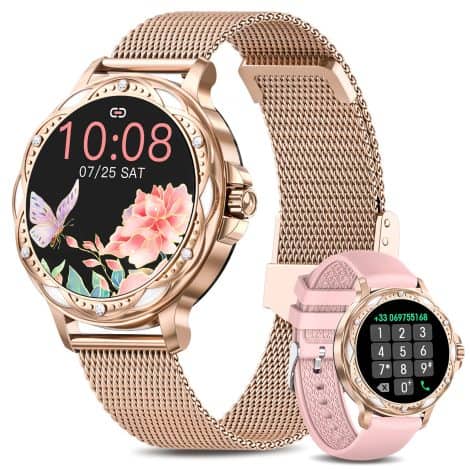 Reloj inteligente para mujeres con llamada, resistente al agua IP68, pantalla deportiva de 1.2 pulgadas, 120+ modos deportivos, función de pulsómetro SpO2 y seguimiento del sueño, regalo en color oro para iOS y Android.