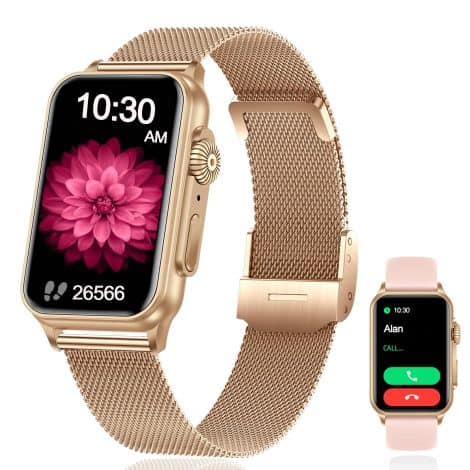 Smartwatch Mujer HD 1.57″ con Llamadas, Asistente de Voz, Podómetro, Pulsómetro, SpO2, Sueño. IP67, Android/iOS. Oro Rosa.